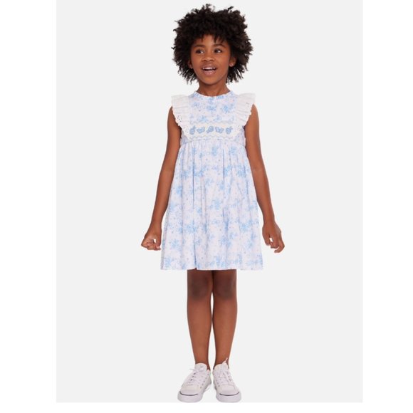 Bonnie Jean Girls 3M-6X Blue Toile Embroidered Smocked Panel Dress - Picture 4 of 5